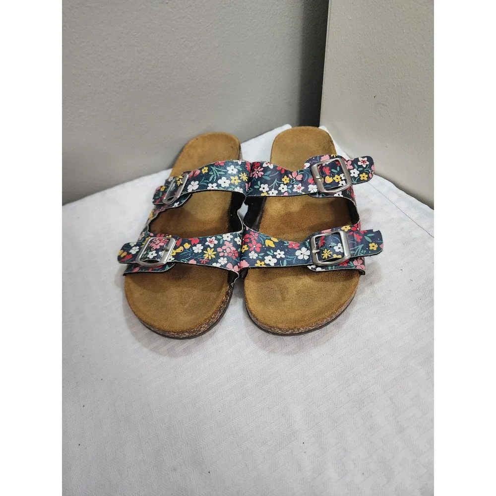 Floral Print Double Buckle Slide Sandals Navy Multi Color Cork Footbed Sz 9/10